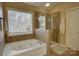 Well-lit bathroom featuring soaking tub and glass shower with decorative tile throughout at 15100 Durmast Ct, Mint Hill, NC 28227