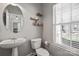 Neutral bathroom features a pedestal sink, round mirror, and decorative shelving at 18948 Kanawha Dr, Cornelius, NC 28031