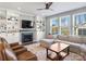 Cozy living room with a fireplace, built-in shelving, a ceiling fan, large windows, and comfortable seating at 2025 Sweet Magnolia Ln, Clover, SC 29710