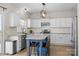 Well-lit kitchen with white cabinets, stainless appliances, and a blue center island at 717 Meadow Lake Dr, Matthews, NC 28105