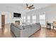 Spacious living room with a fireplace, a ceiling fan, and large windows at 944 Treasure Ct, Fort Mill, SC 29708