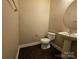 The powder room has a pedestal sink, toilet and modern mirror at 10927 Kinnairds St, Charlotte, NC 28278