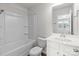 A well-lit bathroom featuring a shower-tub combo, toilet, and vanity with a mirror at 136 S Bell Ave, Albemarle, NC 28001