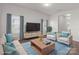 Staged living room features hardwood floors, neutral paint, lots of natural light and modern furniture at 136 S Bell Ave, Albemarle, NC 28001