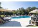 Beautiful backyard pool area with lounge chairs, umbrellas, and an outdoor kitchen, perfect for summer relaxation at 3099 Trinity Church Rd, Concord, NC 28027