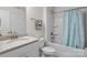 Clean bathroom features granite counters, white cabinets, shower over tub and neutral paint at 3212 Burnello Ct, Iron Station, NC 28080