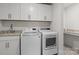Well-organized laundry room equipped with modern washer and dryer, storage cabinets, and granite countertops at 3212 Burnello Ct, Iron Station, NC 28080