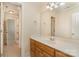 Bathroom featuring a single vanity, a large mirror, and a separate shower area at 4828 Beth Ln, Harrisburg, NC 28075
