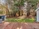 Backyard featuring a spacious deck with lawn and wooded area at 9128 Kings Canyon Dr, Charlotte, NC 28210