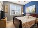 Bedroom with a queen bed, window with blinds, and blue accent wall at 1249 Maddy Ln, Rock Hill, SC 29732