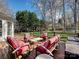 Comfortable seating area on a wooden deck with decorative pillows overlooking a lush green backyard at 15715 Holyhead Ln, Huntersville, NC 28078