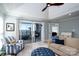 Relax and enjoy lake views from the comfort of this living room with fireplace and access to a private balcony at 18877 Vineyard Point Ln, Cornelius, NC 28031