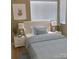 Relaxing bedroom featuring a cozy bed with a blue blanket, stylish lamps, and serene natural light at 2545 Stockbridge Dr, Charlotte, NC 28210