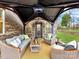 Backyard patio with furniture, brick exterior, view of backyard and grass at 4624 Pebble Run Dr, Matthews, NC 28105