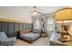 Neutral bedroom features a bed, desk, gray accent wall and a ceiling fan at 518 Streamside Ln, Marvin, NC 28173