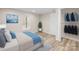 This bedroom features light-colored walls, a closet for storage, and a light blue and beige bedding set at 98 Ring Sw Ave, Concord, NC 28025