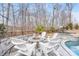 Cozy backyard with outdoor seating and fire pit, surrounded by lush trees and privacy fence at 14130 Sunnyhill Grove Rd, Davidson, NC 28036