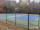 Community tennis courts surrounded by mature trees and a black chain link fence at 17811 Half Moon Ln # C, Cornelius, NC 28031