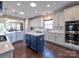 Modern kitchen featuring white cabinets, marble backsplash, and a center island at 8017 Talcott Dr, Mint Hill, NC 28227
