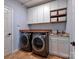 This laundry room features modern washer and dryer, a sink, and storage at 8017 Talcott Dr, Mint Hill, NC 28227