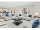 Bright living room with white sofas, blue pillows and dark-framed windows at 3258 Killian Rd, Lincolnton, NC 28092