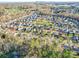 A neighborhood's aerial view showcasing diverse homes and community layout with downtown in the background at 5414 Peachwood Dr, Charlotte, NC 28216