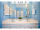 Inviting bathroom featuring double sinks, a large mirror, and blue walls, offering a clean and modern space at 9200 Four Acre Ct, Charlotte, NC 28210