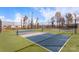 View of the community pickleball court with blue and gray surface, surrounded by a black chain-link fence and foliage at 9534 Maltese Dr, Gastonia, NC 28056