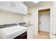 Functional laundry room featuring a modern washer and dryer, storage cabinets, and an exterior access door at 4205 Ore Bank Dr, Lincolnton, NC 28092