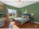 Bedroom featuring green walls, wood floors, a window with blinds, a desk, shelves, and a bed at 620 Briar Patch Ter, Waxhaw, NC 28173