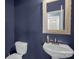 Powder bath features blue walls, white pedestal sink and toilet with decorative mirror at 649 Shellbark Dr, Concord, NC 28025