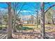 View of the backyard featuring mature trees, a playset, and a grassy area for outdoor activities at 8210 Mattingridge Dr, Charlotte, NC 28270