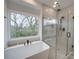 Bright bathroom featuring a glass shower, a soaking tub, and a serene view at 0004 Mission Church Rd, Locust, NC 28097