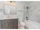 Modern bathroom features gray vanity, white countertop, and tiled shower-tub, a blend of contemporary style at 102 S Liberty St, Gastonia, NC 28052