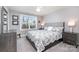 Cozy bedroom featuring neutral walls, natural light, and stylish black and white patterned bedding at 17015 River Race Dr, Huntersville, NC 28078