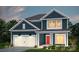 Charming two-story home with blue siding, white trim, a red front door and an attached two-car garage at 9508 Coast Laurel Nw Ave, Concord, NC 28027