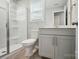 Bathroom with glass enclosed shower, neutral walls, and vanity at 9930 Cask Way, Huntersville, NC 28078
