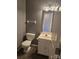 This bathroom features tile floors, a toilet, a sink, vanity, and a mirrored medicine cabinet at 14922 Rolling Sky Dr, Charlotte, NC 28273