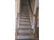 Carpeted stairway with wooden banister and railings leading to the upper level of the home at 14922 Rolling Sky Dr, Charlotte, NC 28273