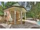 Elegant pool house with white columns, potted plants, and a seating area overlooking the pool at 318 S Canterbury Rd, Charlotte, NC 28211