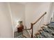 Staircase with carpet runner and wood railing featuring a lamp and picture at the landing at 318 S Canterbury Rd, Charlotte, NC 28211