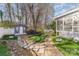 View of backyard with shed and stepping stone pathway to back porch at 3601 Rosedown Dr, Matthews, NC 28105