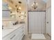 Bathroom featuring a white vanity, granite countertops and a shower with patterned curtain at 3601 Rosedown Dr, Matthews, NC 28105