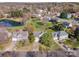 Aerial view showcasing neighborhood homes near a lush green common area and tranquil pond at 6720 Neuhoff Ln, Charlotte, NC 28269