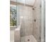 Glass-enclosed shower featuring neutral tile and a view to the backyard at 9131 Strattonville Ct, Huntersville, NC 28078