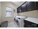 Convenient laundry room features black shaker cabinets, window, and modern washer and dryer at 124 Helton Ln, Fort Mill, SC 29708