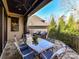 Covered patio featuring a glass table, blue upholstered seating, and a view of the backyard at 1355 Wyndmere Hills Ln, Matthews, NC 28105