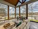 Relaxing screened porch with cozy seating, a dining area, and scenic waterfront views at 144 Morgan Bluff Rd, Mooresville, NC 28117