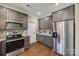 Modern kitchen with stainless steel appliances, gray cabinets, and contrasting backsplash at 2375 Ellison Cir, Lancaster, SC 29720