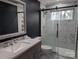 Modern bathroom features a sleek vanity, decorative mirror, and a glass-enclosed shower with stylish tile at 4408 Pebblebrook Dr, Charlotte, NC 28208